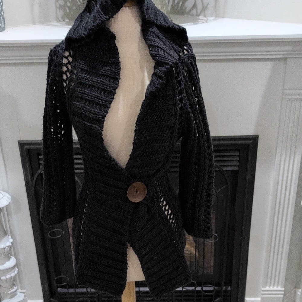 Free People Black Crochet Knit Cardigan,Large Button Closure And Hood Size Small